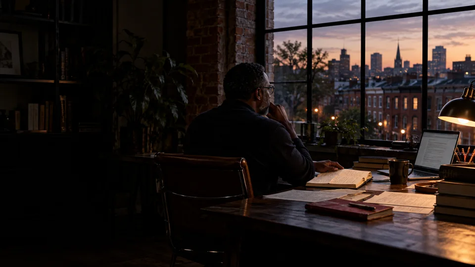 Illustrative scene of a thinker at a writing desk beside a window; not a portrait of the author.