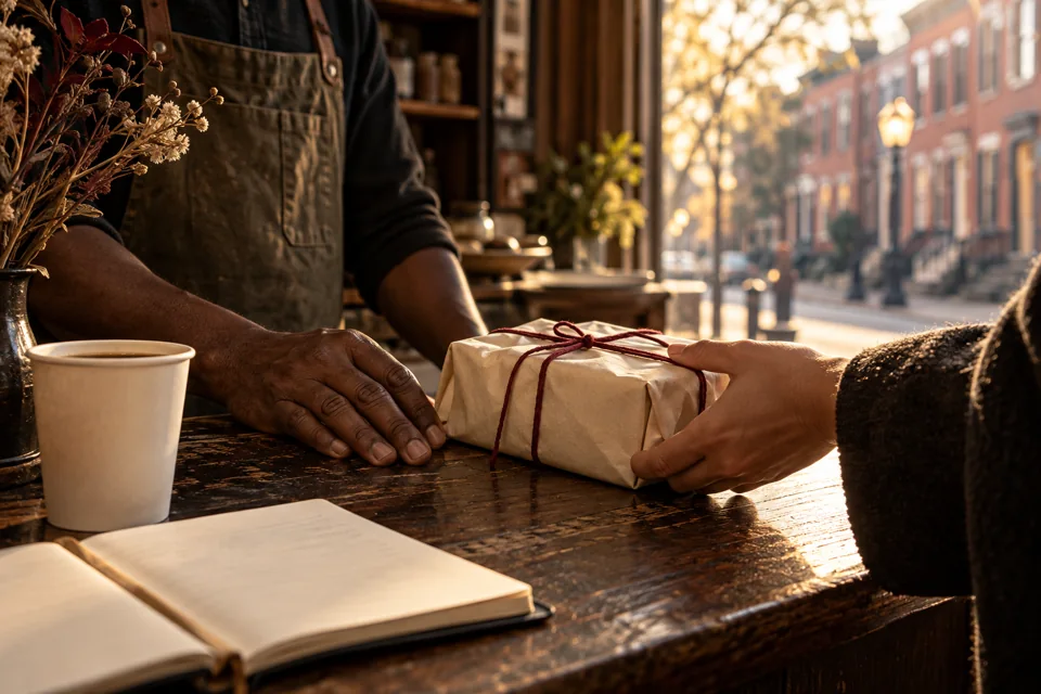 Illustrative still life of a simple wrapped purchase and a notebook on a shop counter.